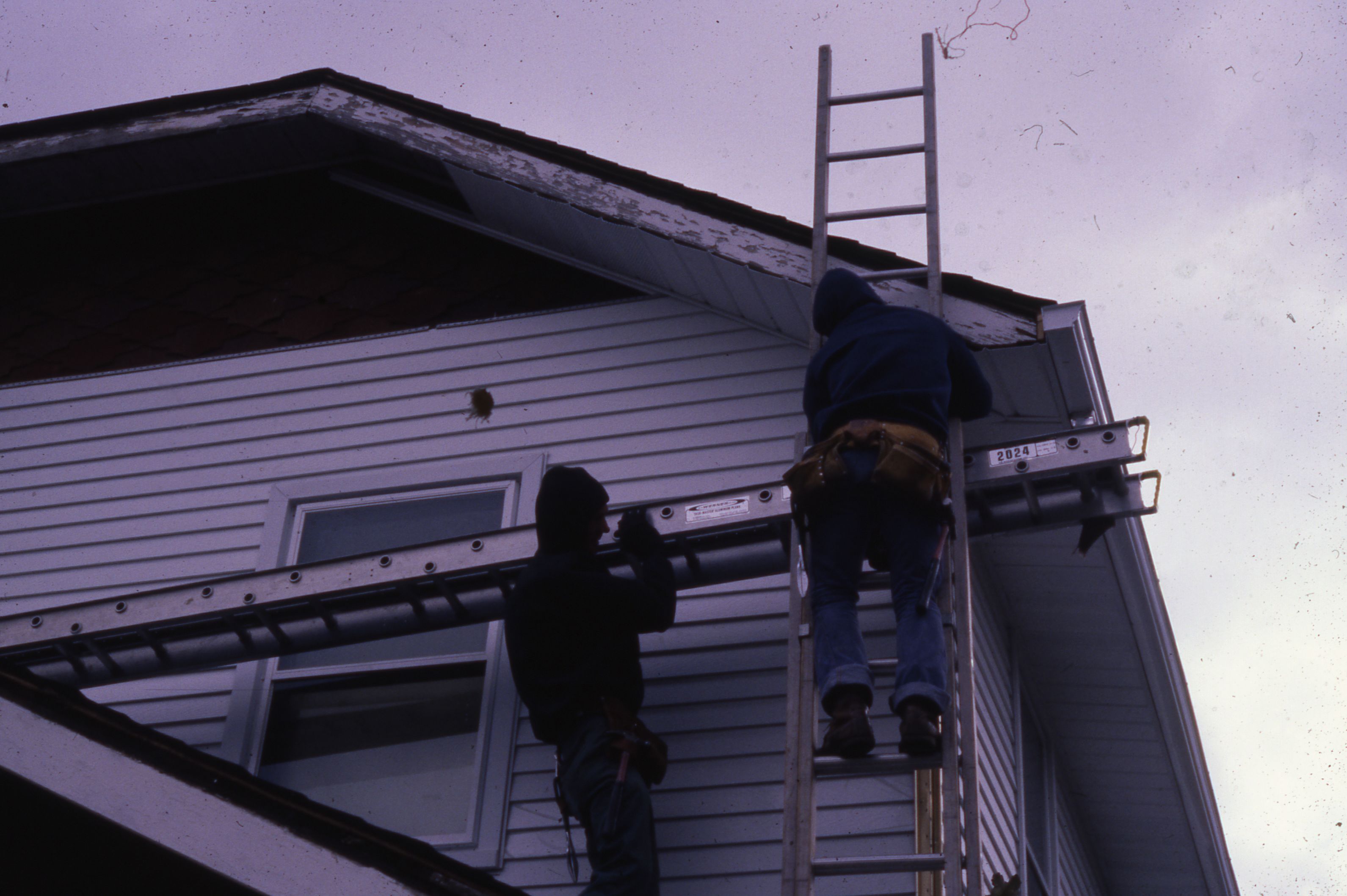 Workers performing exterior home maintenance from ladders